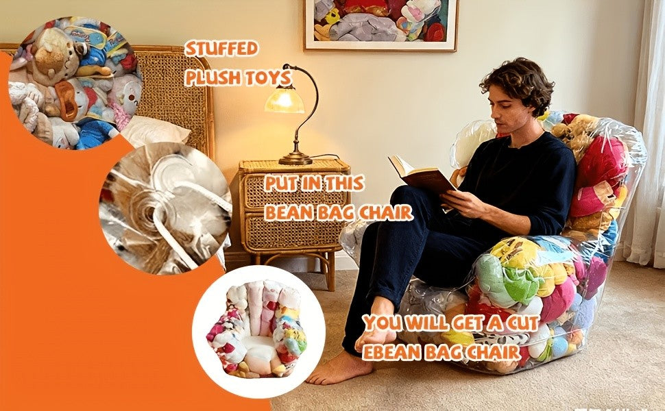 Stuffed Animal Storage Bean Bag Chair – Transparent PVC Plush Toy Organizer Sofa for Kids Room & Playroom, Large Capacity Doll Storage, Easy to Clean, Available in Round Bag & Sofa Styles