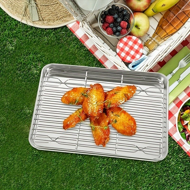 Stainless Steel Baking Tray Set with Cooling Rack & Mesh Basket - 12.5x8.6 Inch Cookie Sheet for Oven Baking, BBQ, Roasting & Vegetable Prep, Multi-Use Kitchen Set for Holiday Cooking