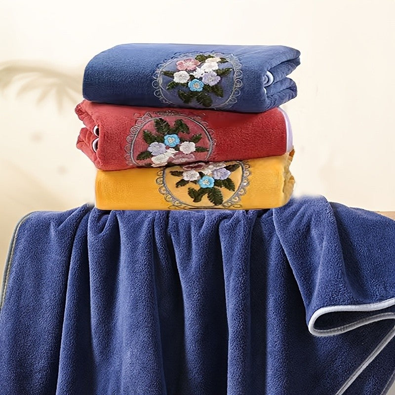 Embroidered Flower Towel Set 3 Piece – Soft Absorbent Bath Towel & 2 Face Towels – Skin-Friendly Polyester Blend, Home & Beach Use, White, Blue, Pink, Gray