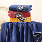 Embroidered Flower Towel Set 3 Piece – Soft Absorbent Bath Towel & 2 Face Towels – Skin-Friendly Polyester Blend, Home & Beach Use, White, Blue, Pink, Gray