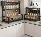 3-Tier Heavy-Duty Carbon Steel Kitchen Shelf Standing Storage Rack – Space-Saving Countertop Organizer for Spices, Knives, Utensils & Spoon Holder, Sturdy Multi-Tier Shelf for Small Kitchens