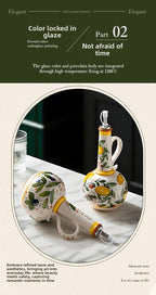 Hand-Painted Ceramic Oil & Vinegar Dispenser Set, Anti-Drip Leak-Proof Underglaze Kitchen Condiment Bottles with Oil Spout & Foot Pad, Artisan Table Serveware, Great Housewarming Gift