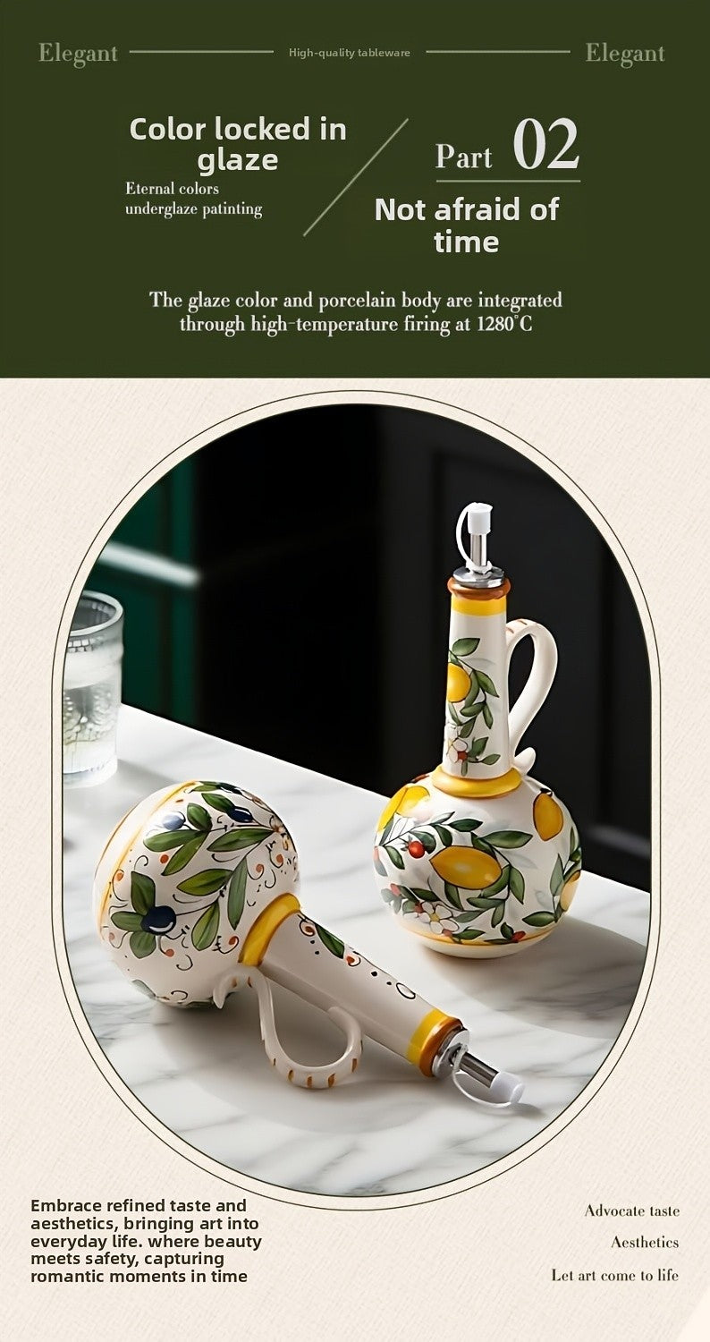 Hand-Painted Ceramic Oil & Vinegar Dispenser Set, Anti-Drip Leak-Proof Underglaze Kitchen Condiment Bottles with Oil Spout & Foot Pad, Artisan Table Serveware, Great Housewarming Gift