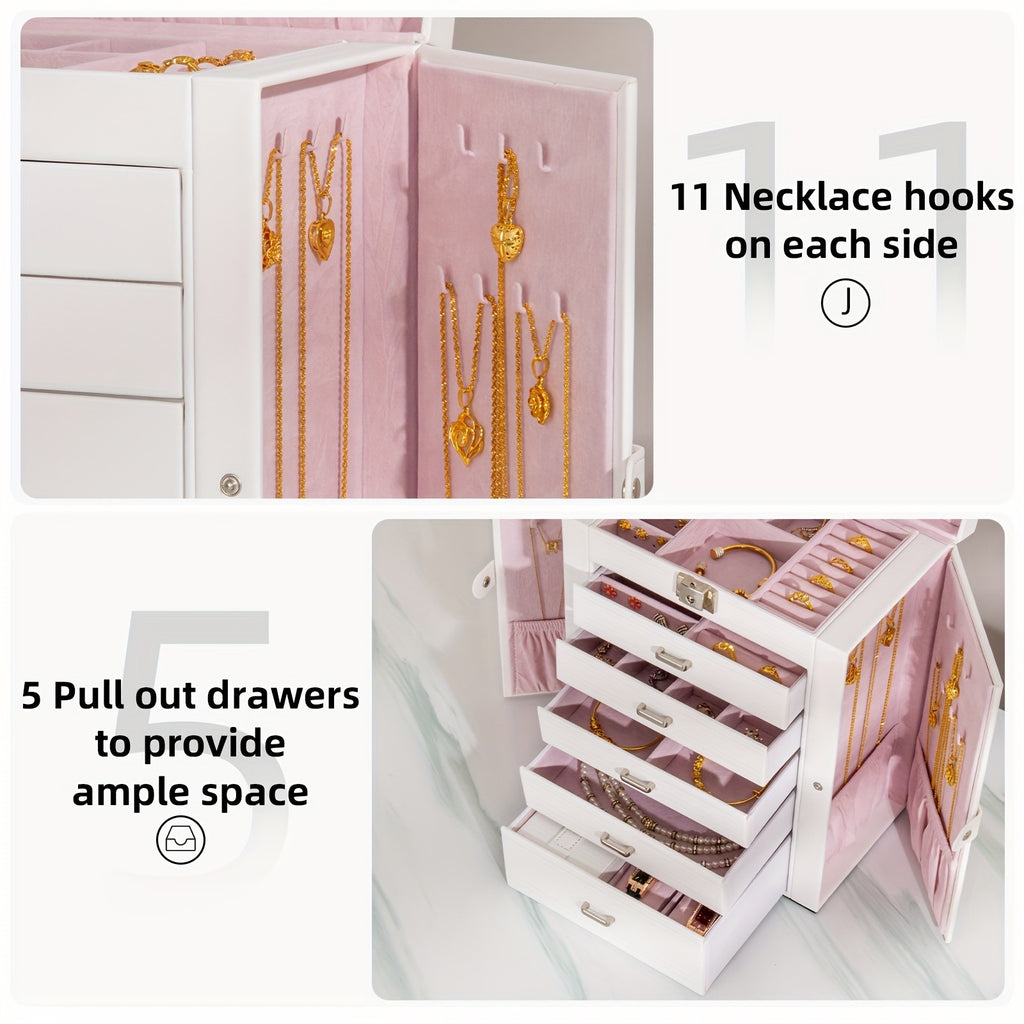 Jewelry Box with Lock & Mirror, Large 6-Tier Jewelry Case with 5 Drawers, Lockable Jewelry Storage Organizer for Women, Girls & Loved Ones — Jewelry Armoire Gift