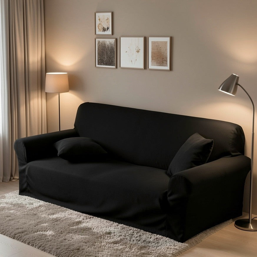 Stretch Sofa Cover Solid Color High Elasticity Anti-Slip Rod Slim Fit Couch Slipcover Machine Washable 1 2 3 4 Seater Black Burgundy Navy Grey
