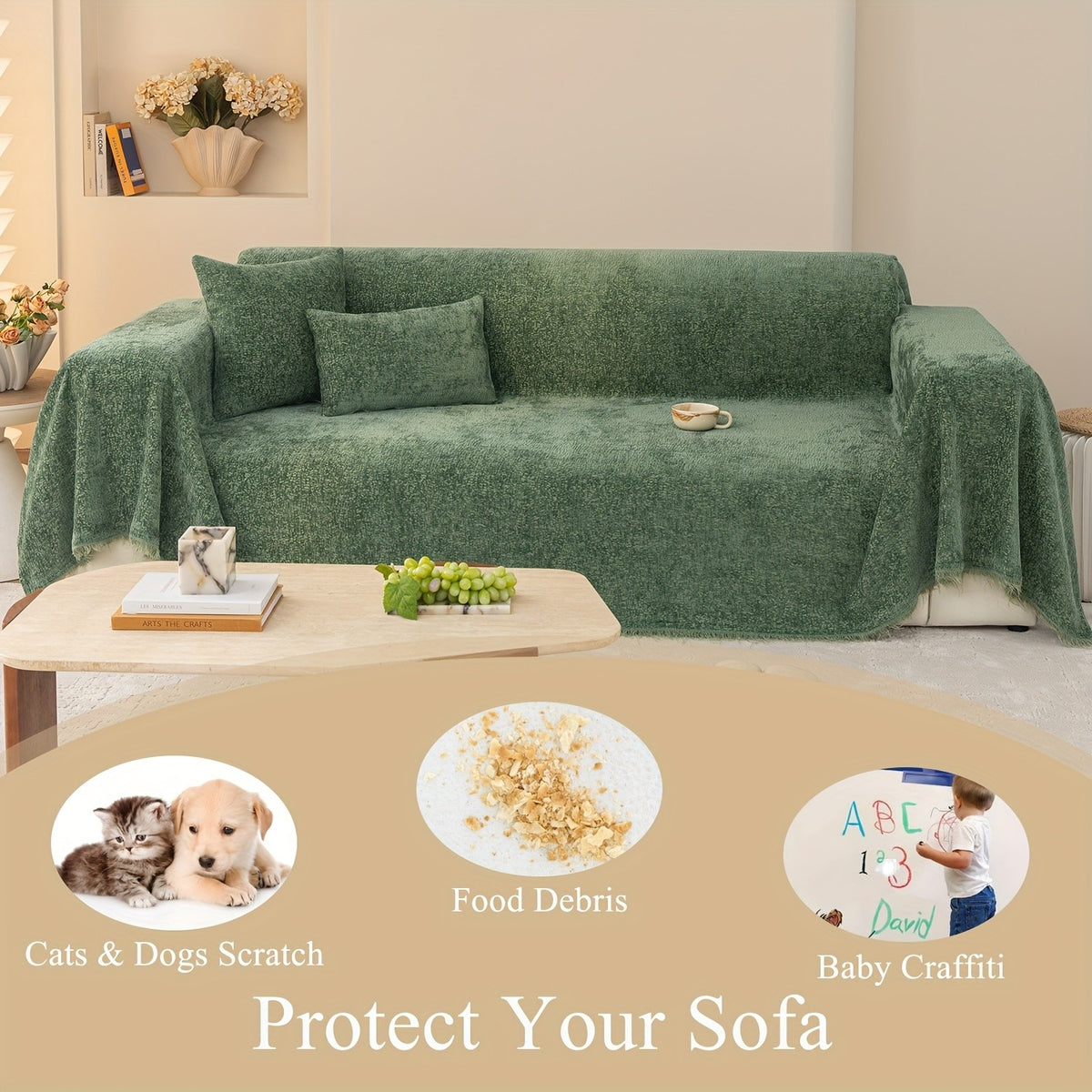 Chenille Fringe Couch Protector Slipcover – Super Soft Pet-Friendly Solid Sofa Cover for 2 3 4 Seater, Living Room Decoration, Cream White Green Grey Orange