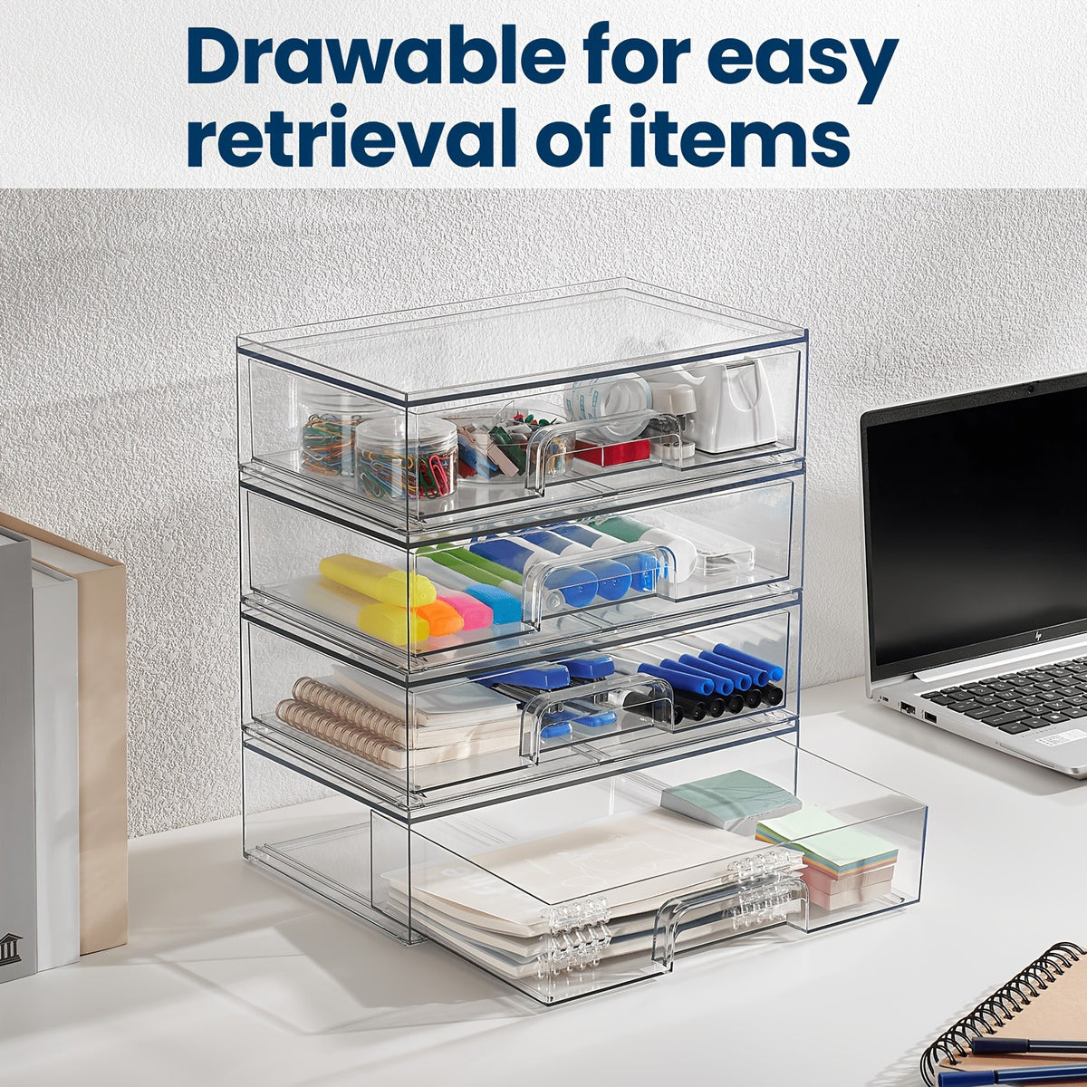 Clear Stackable Acrylic Storage Drawers 2-Pack 7.5"D x 12.1"W x 3.5"H, Transparent Plastic Organizer Bins for Desk Drawer Nightstand – BPA-Free Desktop Storage for Home Office Makeup Supplies