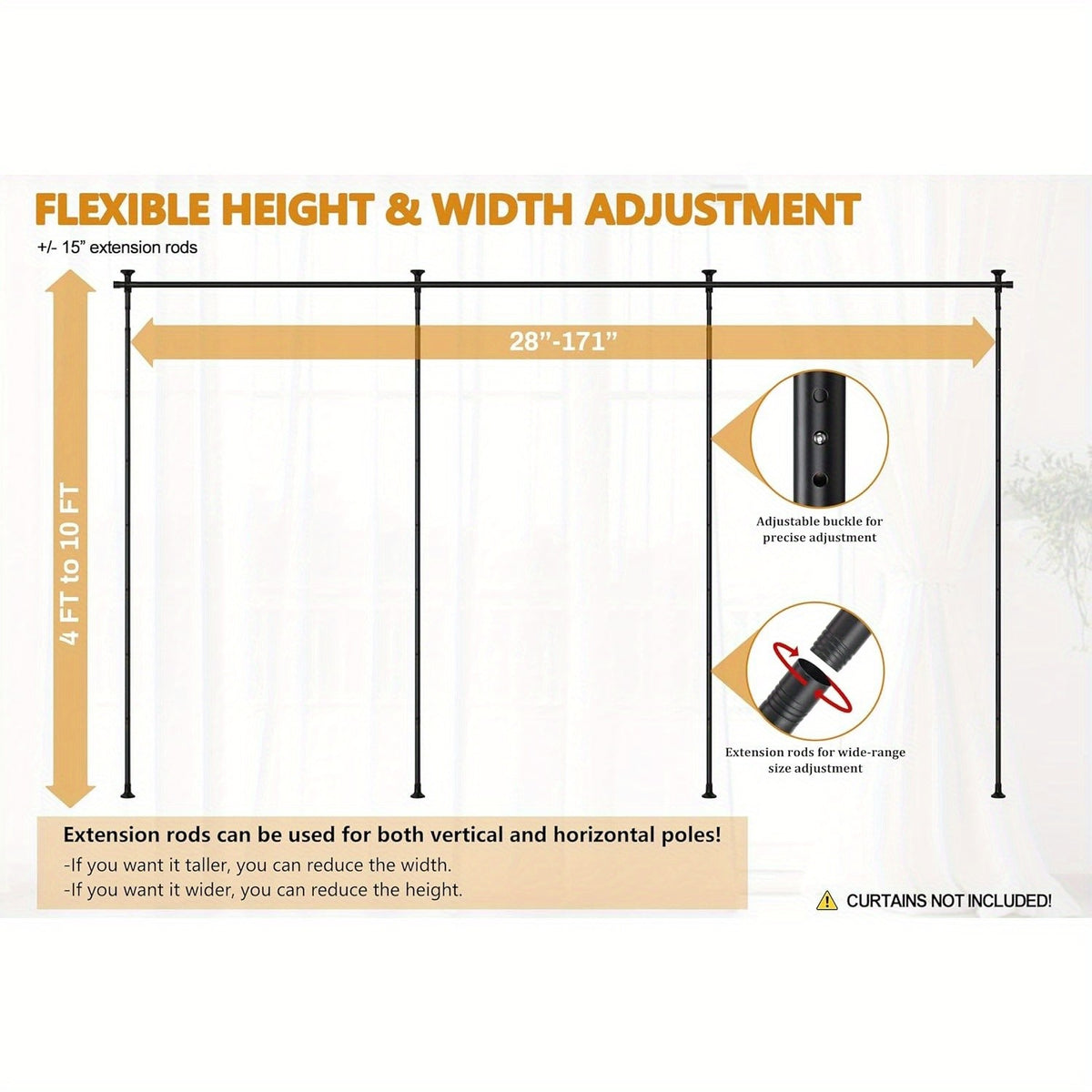 Adjustable Tension Room Divider Curtain Rod – No Drilling, 28–171" Wide, 4–10 ft Floor-to-Ceiling, Heavy Duty, Black & White (Curtains Not Included)