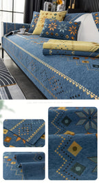Embroidered Chenille Sofa Slipcover Bohemian Geometric Floral Pattern | Non-Slip Machine Washable Couch Cover for 1-2-3-4 Seater with Armrest & Pillow Cover Options, 6 Colors