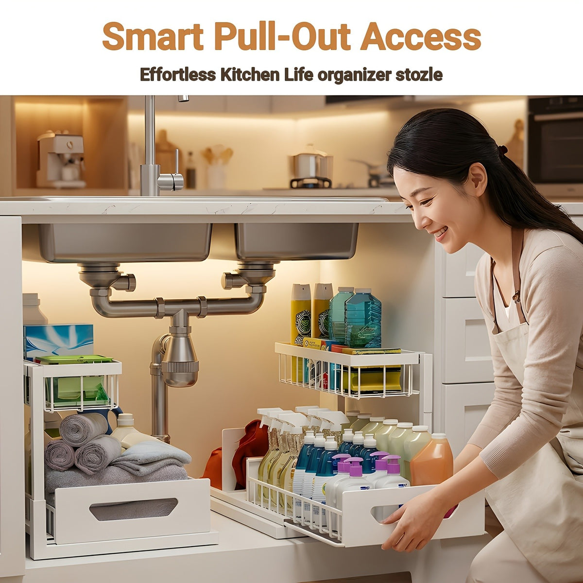 Under Sink Organizer 2-Pack 2-Tier Slide-Out Pull-Out Cabinet Shelf - Heavy Duty Carbon Steel with Adjustable Compartments for Kitchen, Bathroom, Pantry & Closet Organization