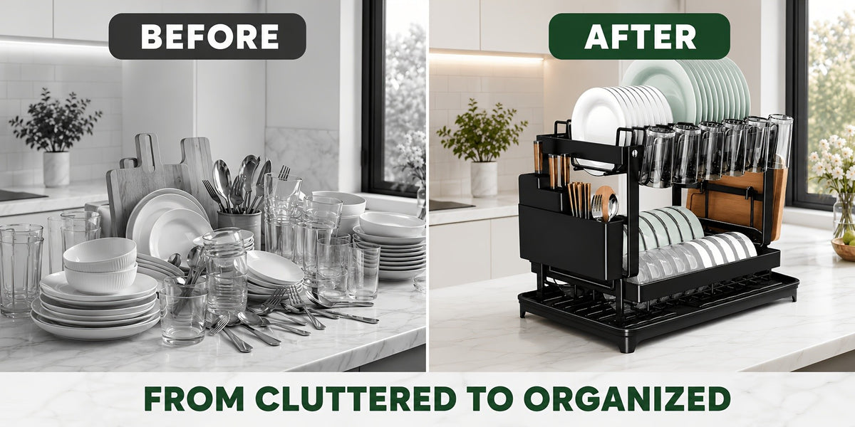 2-Tier Dish Drying Rack with Drainboard – Black Metal Two-Level Dish Drainer with Drainage for Kitchen Counter, Standing Dish Holder Organizer Shelf for Plates, Cups & Utensils