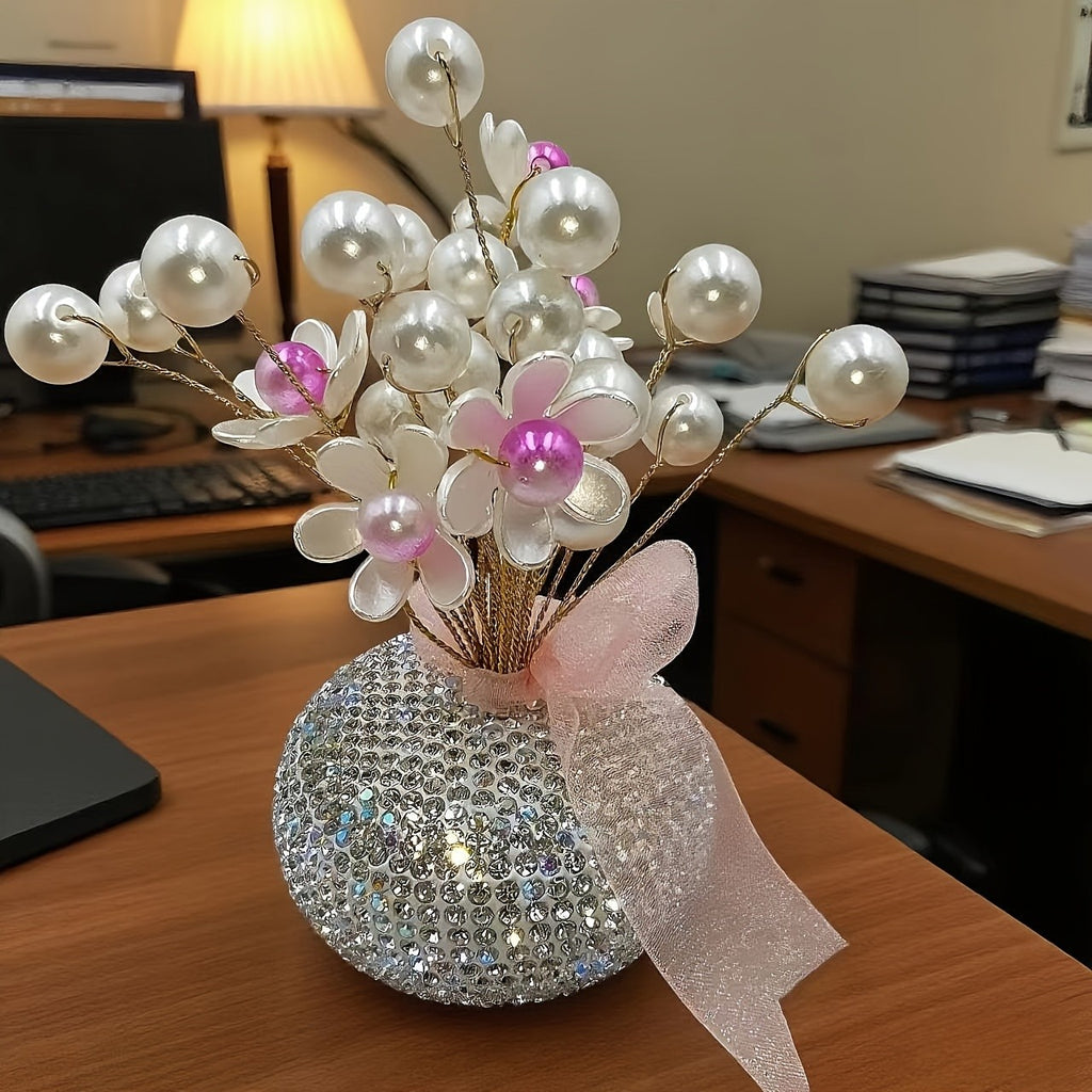 Crystal Simulation Flower Decoration Set of 2 - Handmade Faux Crystal Flowers for Car Center Console Home Decor and Desk - Elegant Gift for Mothers Day Birthday and Valentines Day Holiday Parties