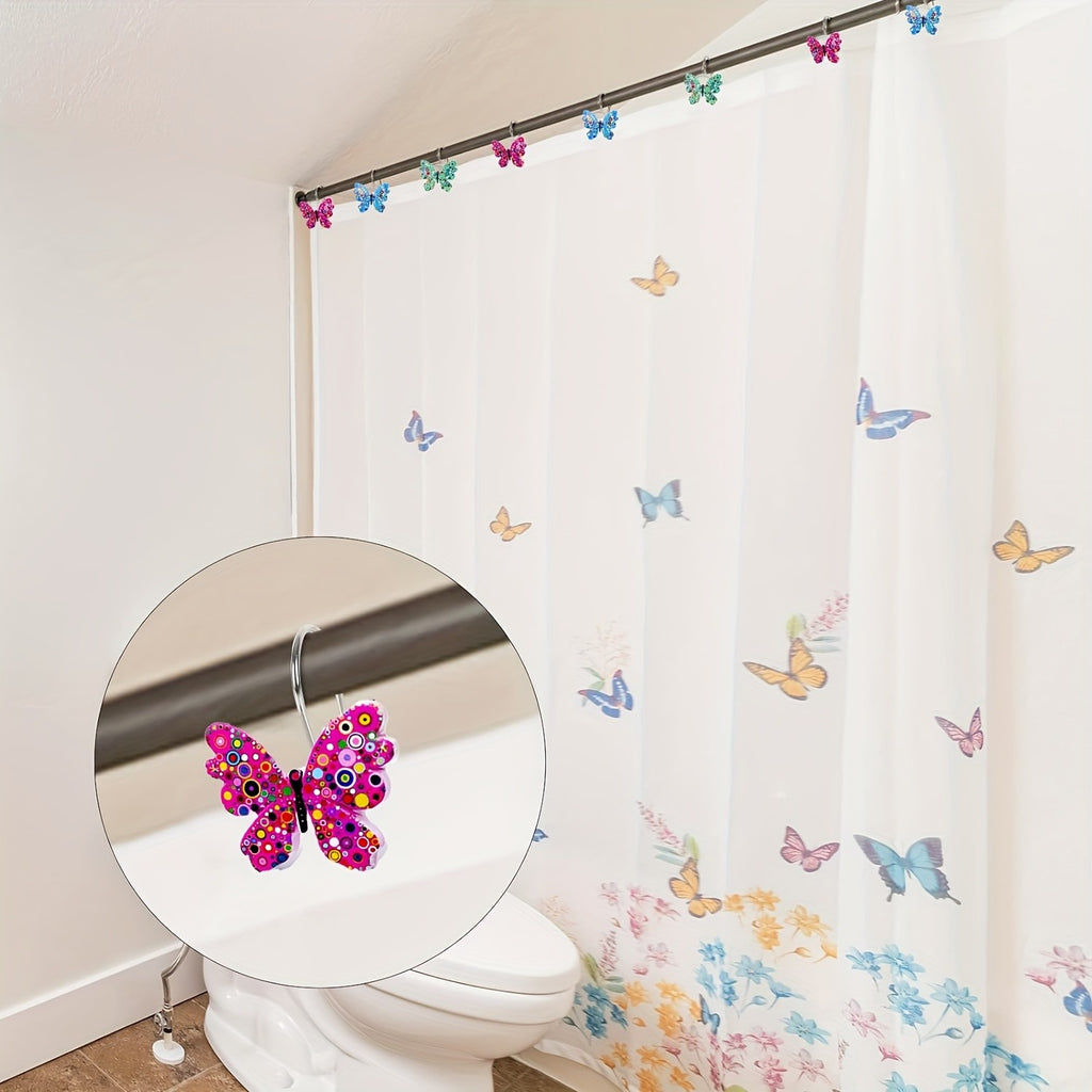 Butterfly Shower Curtain Hooks 12 Pack - Decorative Rustproof Metal Curtain Hook Rings, Colorful Aesthetic Design for Bathroom, Wardrobe & Living Room, Green Blue Tricolor Options