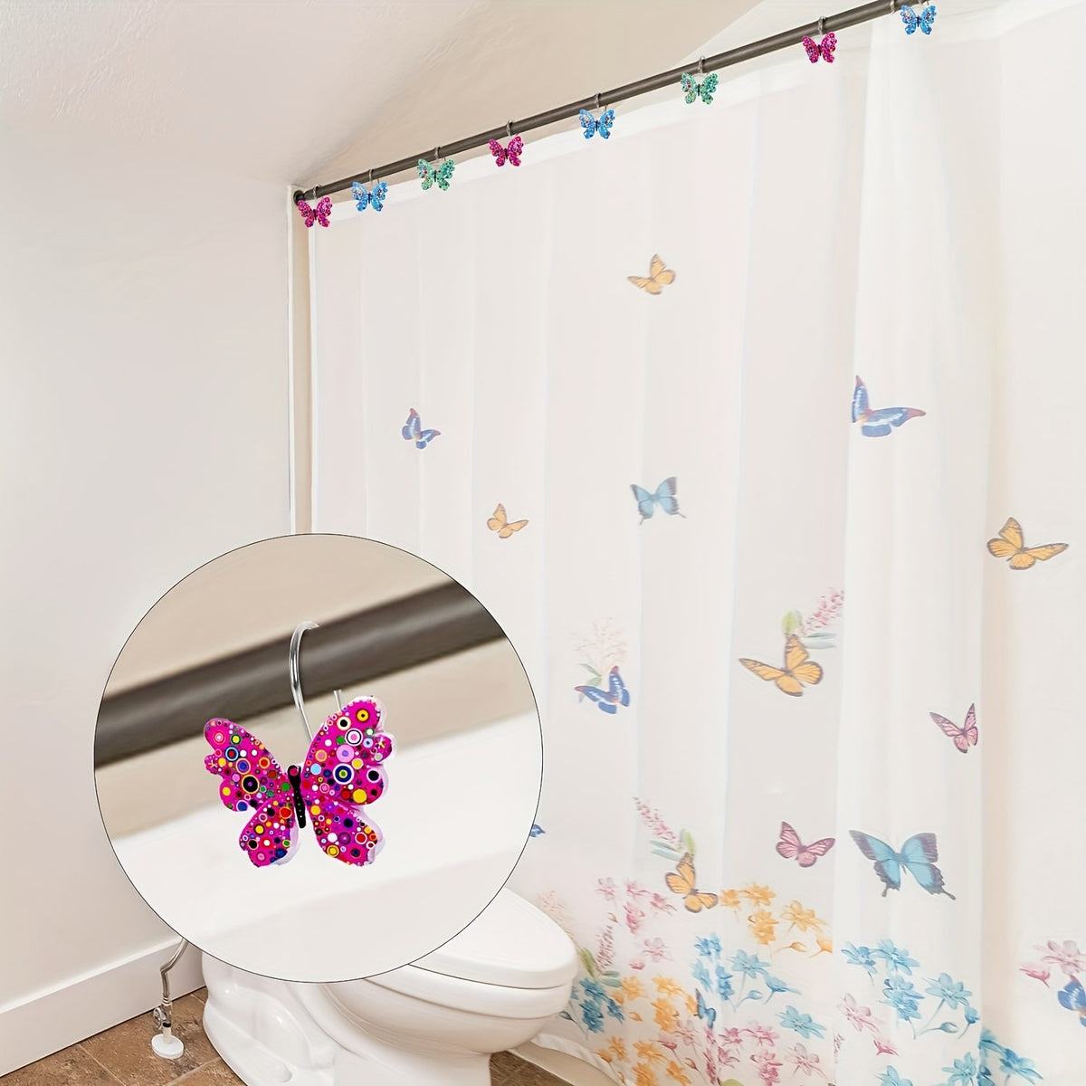 Butterfly Shower Curtain Hooks 12 Pack - Decorative Rustproof Metal Curtain Hook Rings, Colorful Aesthetic Design for Bathroom, Wardrobe & Living Room, Green Blue Tricolor Options