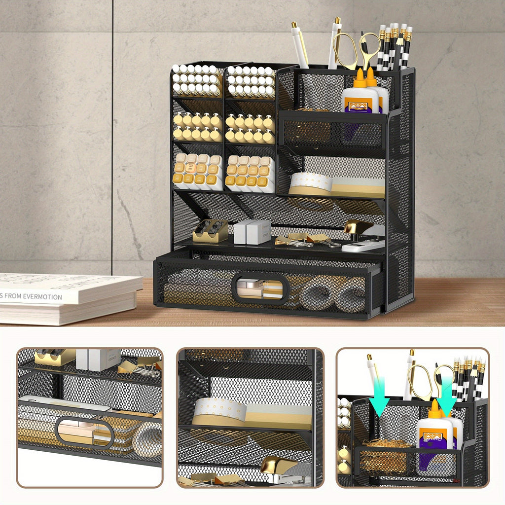 Mesh Desk Organizer with Drawer & Pen Holder – Multifunctional Desktop Organizer for Office Art Supplies, Accessories Storage, Desk Caddy for Home Office School Workspace