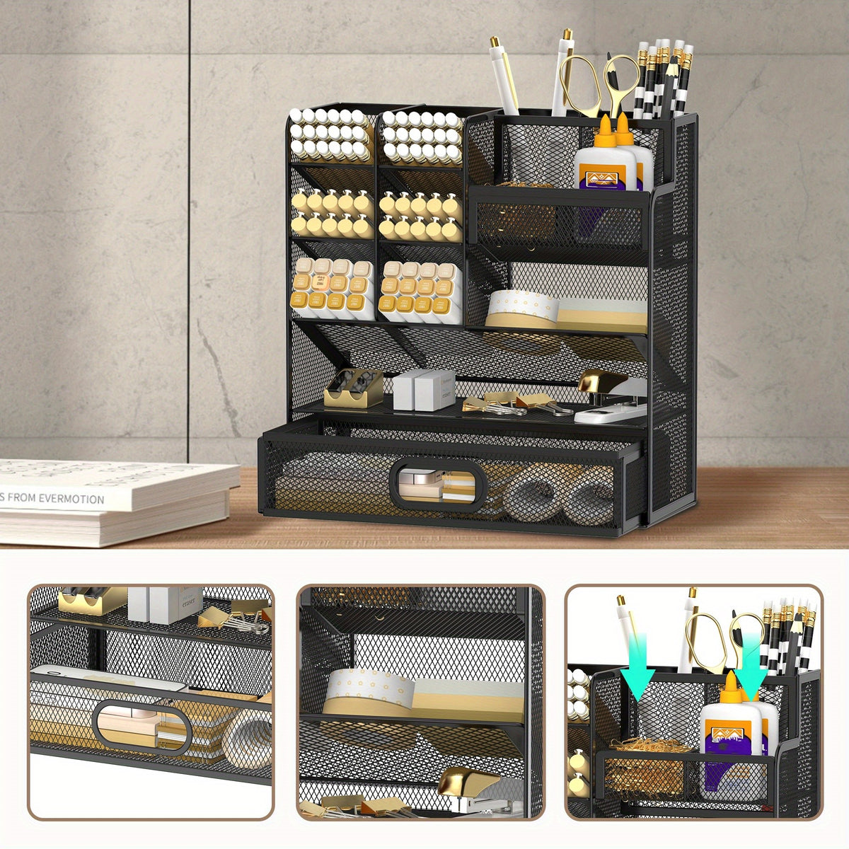 Mesh Desk Organizer with Drawer & Pen Holder – Multifunctional Desktop Organizer for Office Art Supplies, Accessories Storage, Desk Caddy for Home Office School Workspace