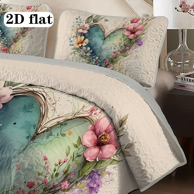 Floral Love Heart Quilted Bed Cover Set – 2 & 3 Piece Quilt & Pillowcases | Soft Breathable Hypoallergenic | Machine Washable | Twin, Full/Queen & King