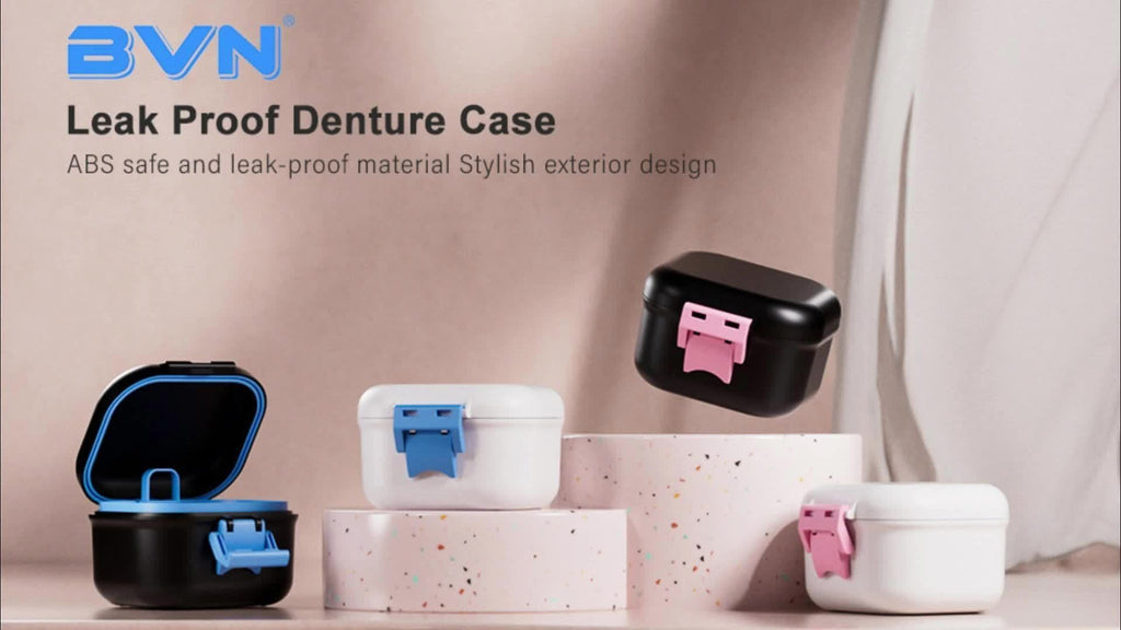 Denture Bath Case with Drainage Basket - Leak Proof Portable Travel Denture Soaking Cup Storage Container Silicone Ring Safety Buckle