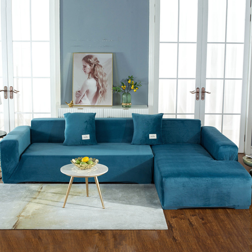 L-Shape Sectional Sofa Cover 2-Piece – Stretch Velvet Slipcover for 3+4 Seater Corner Couch, Foam Bar Secure Fit, Easy Clean, 7 Colors