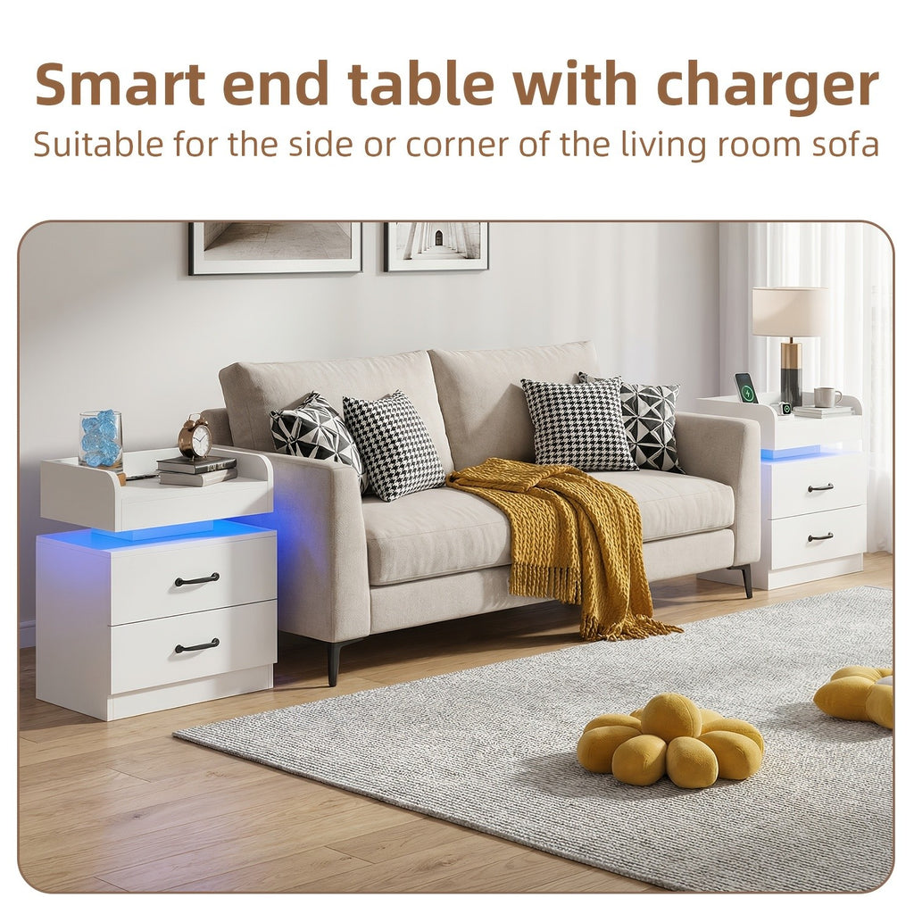 Nightstand with Charging Station LED Lights and 2 Drawers Bedside Table for Bedroom Living Room White Black Grey 1pc or 2pcs Set
