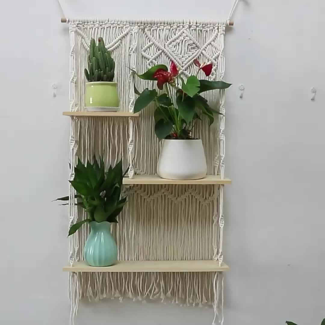 Bohemian Hand-Woven Wooden Wall Rack – Decorative Floating Shelf for Bedroom & Bathroom, Boho Wall Decor Storage Organizer