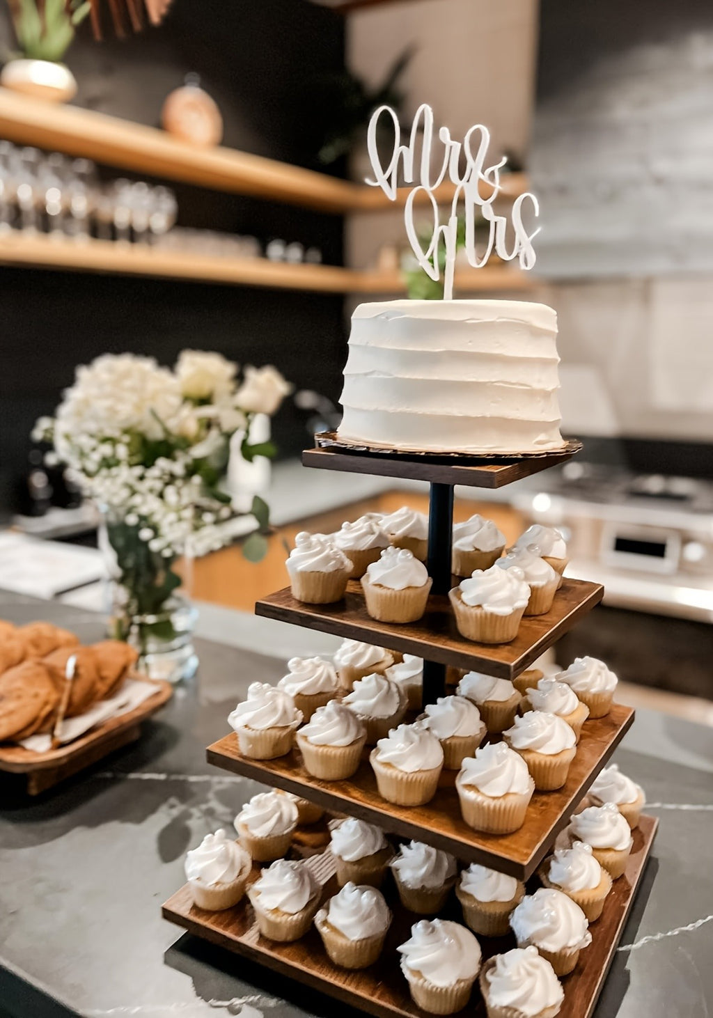 4 Tier Wood Cupcake Stand 360 Rotating Dessert Tower for 50 Cupcakes Farmhouse Tiered Cake Stand for Wedding Birthday Baby Shower Tea Party