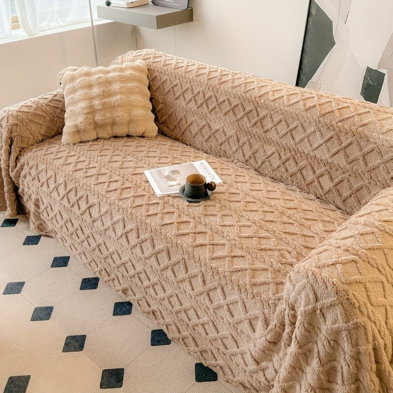 Jacquard Shu Velveteen Sofa Throw Cover – Pet Friendly Machine Washable Couch Slipcover, Soft Plush Non-Slip Protector for Armchair to 4-Seater Sectional Sofa, Modern Solid Color Home Decor