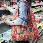 Foldable Shopping Bags 10pcs Reusable - Lightweight Waterproof Polyester Tote Bags with Storage Pockets & Cute Patterns, Eco-Friendly Grocery Bags in Random Colors
