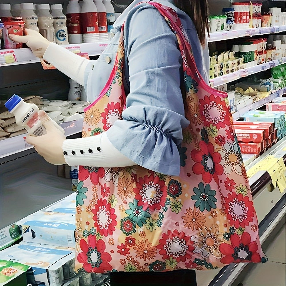 Foldable Shopping Bags 10pcs Reusable - Lightweight Waterproof Polyester Tote Bags with Storage Pockets & Cute Patterns, Eco-Friendly Grocery Bags in Random Colors