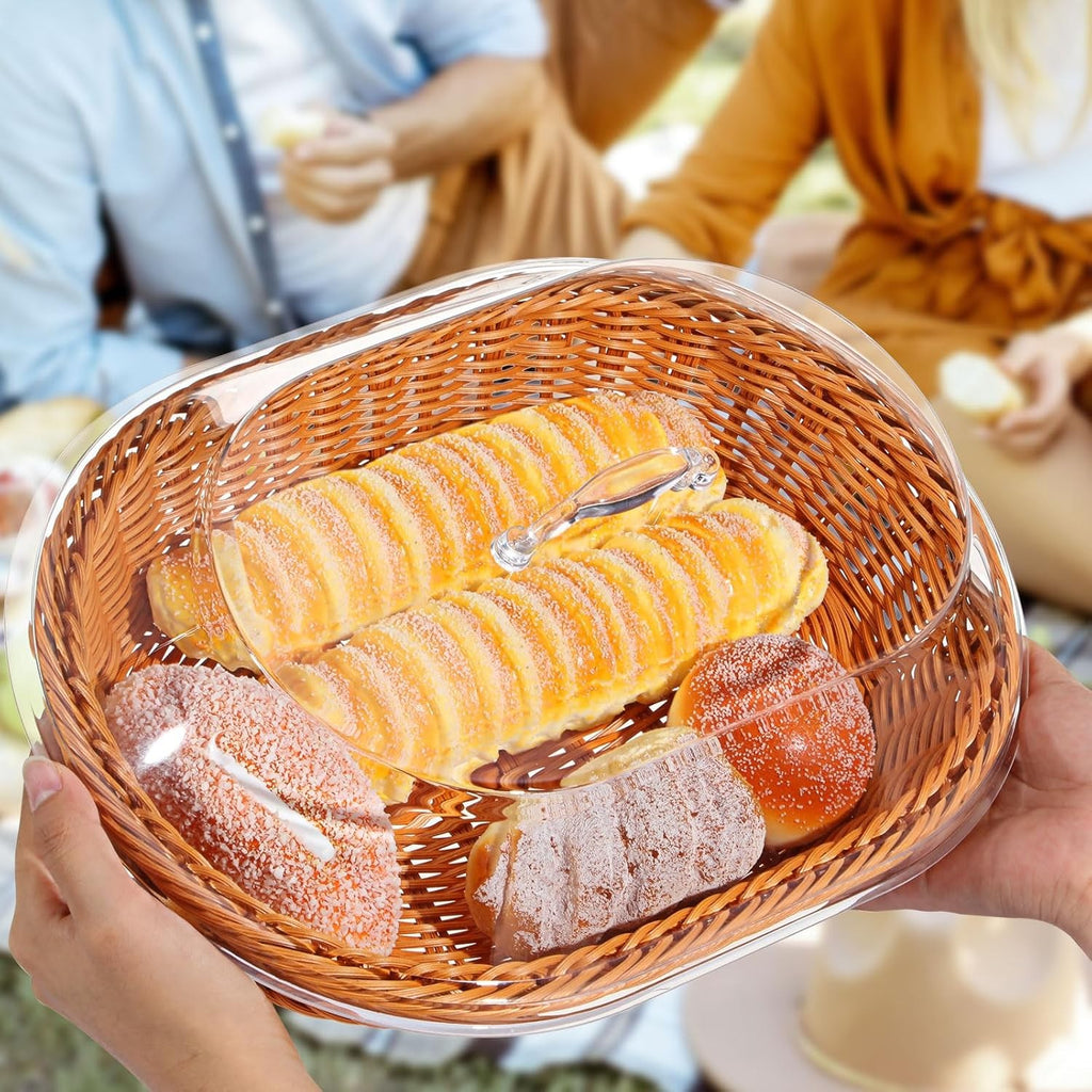 Oval Woven Rattan Bread Basket with Lid – Handcrafted Seagrass Food Basket for Serving, Storage & Display – Ideal for Bread, Fruit & Vegetables – Kitchen & Dining Decor, Tea & Beige