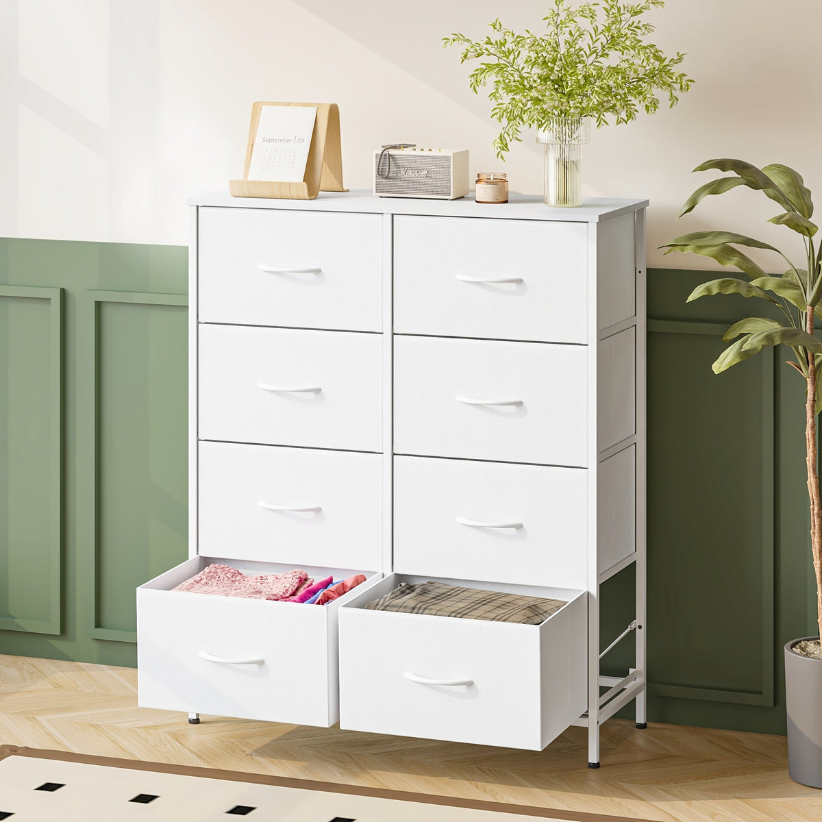Fabric Storage Chest of 8 Drawers – 4 Independent Sections, Sturdy Metal Frame & Wood Tabletop, Bedroom Dresser for Closet, Living Room & Entryway | White & Brown