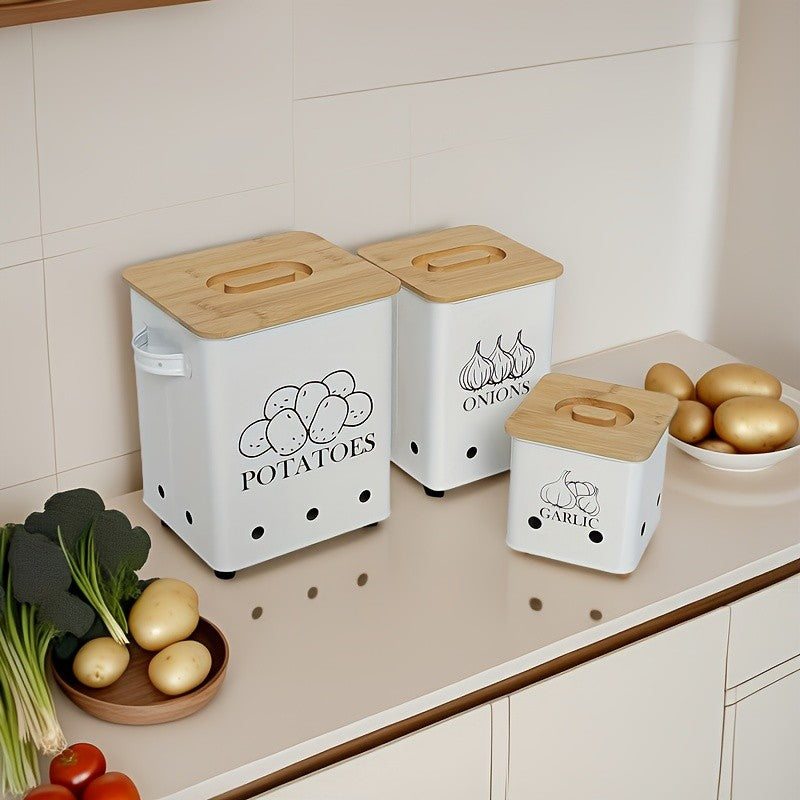 Kitchen Canister Set 3-Pack - Potato Onion Garlic Storage Bins with Wooden Lid, Countertop Vegetable Keeper Containers for Kitchen Organization, Black White & Green