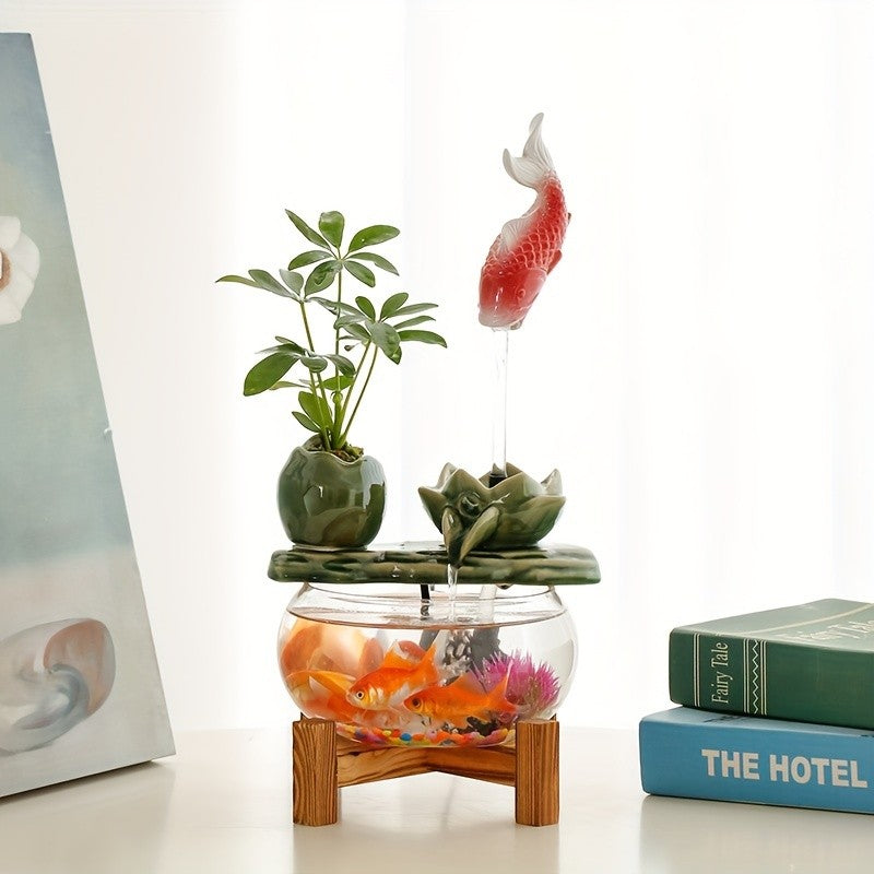 USB Powered Glass & Ceramic Fish Waterfall Desktop Fountain – Hanging Goldfish Design, Decorative Water Feature with Glass Fish & Plants for Living Room, Office & Zen Decor, Unique Gift