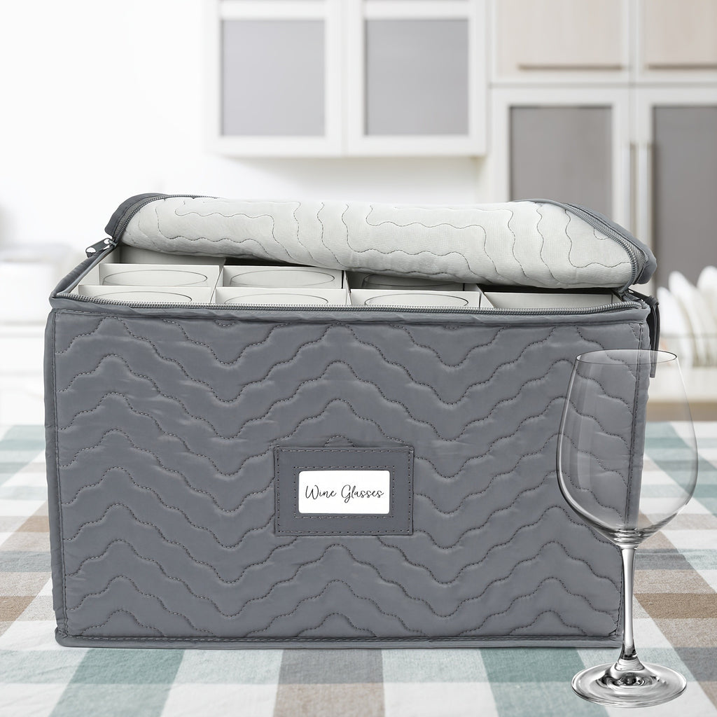 Quilted Stemware Storage Case 12-Compartment Wine Glass Storage Box with Dividers Collapsible 15.5x12.5x10in – Gray