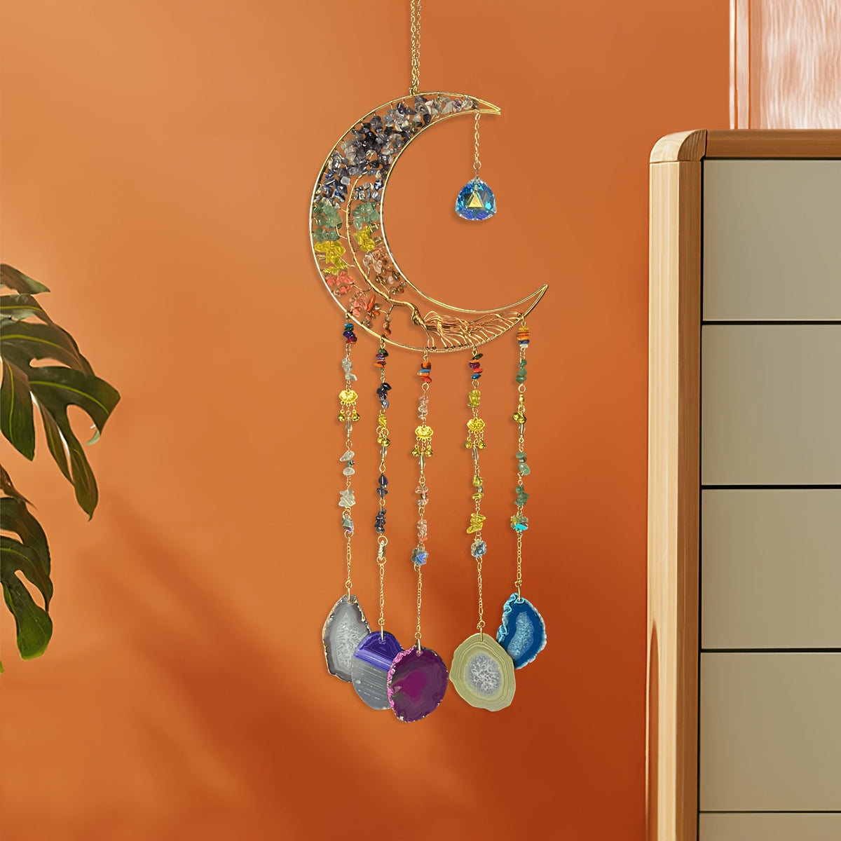 Handmade Moon Agate Tree Hanging Ornament – Boho Suncatcher Crystal Wall Decor | Birthday, Christmas & Holiday Gift for Mom, Friends & Her