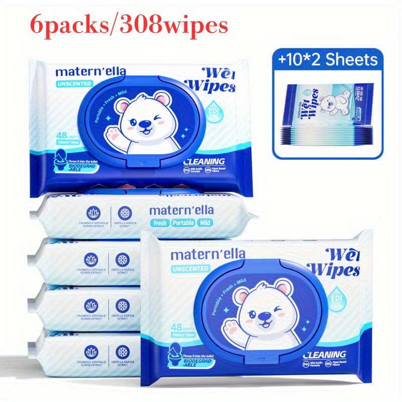 Flushable Wet Wipes with Probiotics, Plant-Based Fibers Fragrance-Free Sewer-Safe Butt Wipes, Soft Thick Disposable Personal Care Wipes for Adults, Incontinence & Sensitive Skin, Multi-Pack