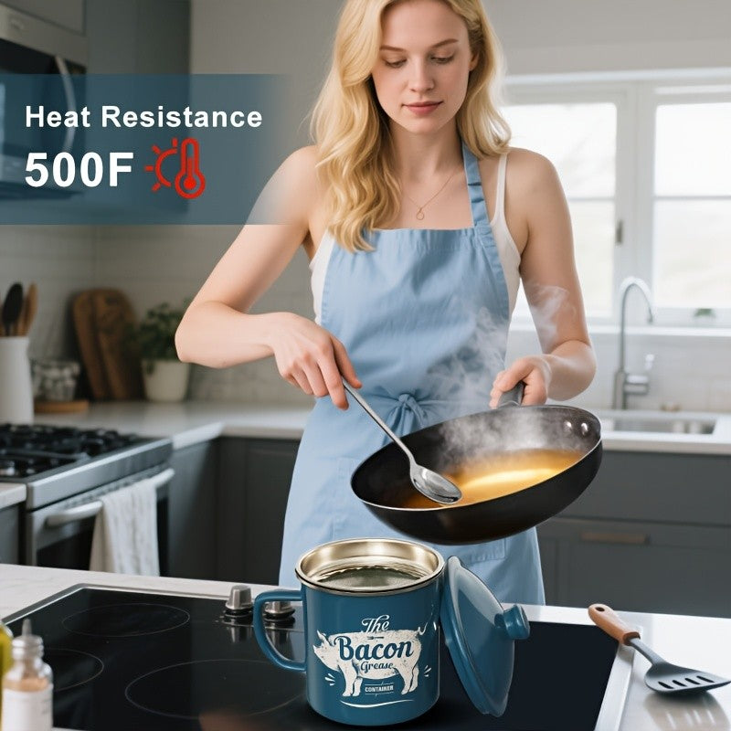 Stainless Steel Grease Container with Strainer and Spoon 15oz Cooking Oil Storage Jar Kitchen Essential Christmas Gift