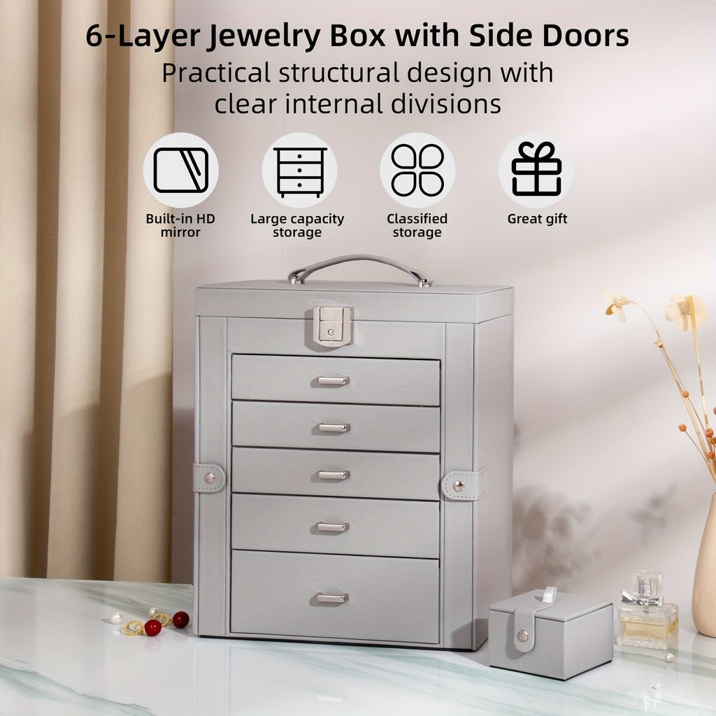 Jewelry Box with Lock & Mirror, Large 6-Tier Jewelry Case with 5 Drawers, Lockable Jewelry Storage Organizer for Women, Girls & Loved Ones — Jewelry Armoire Gift