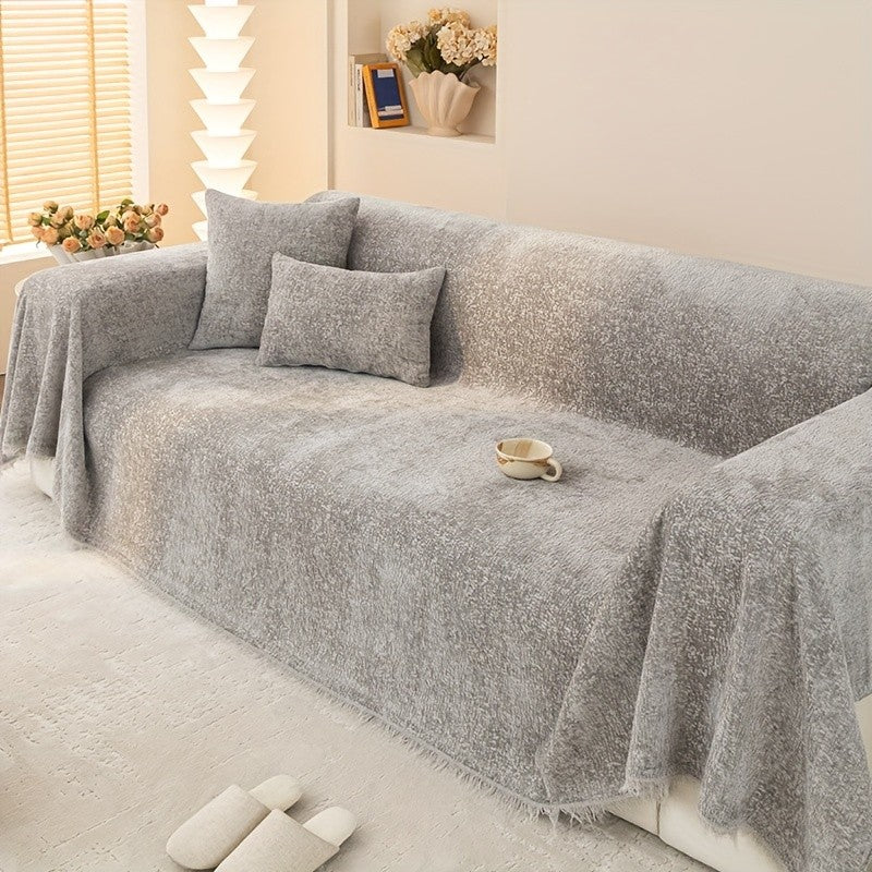 Chenille Sofa Cover with Tassels - Ultra Soft Thick Pet Friendly Couch Slipcover Solid Color 2 3 4 Seater Living Room Decor