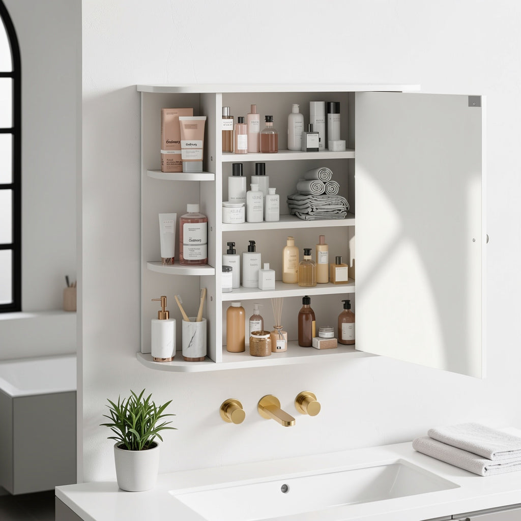 Bathroom Medicine Cabinet Wall Mounted with Mirror & 6 Open Side Shelves – White Wall Cabinet for Bathroom Storage & Organization