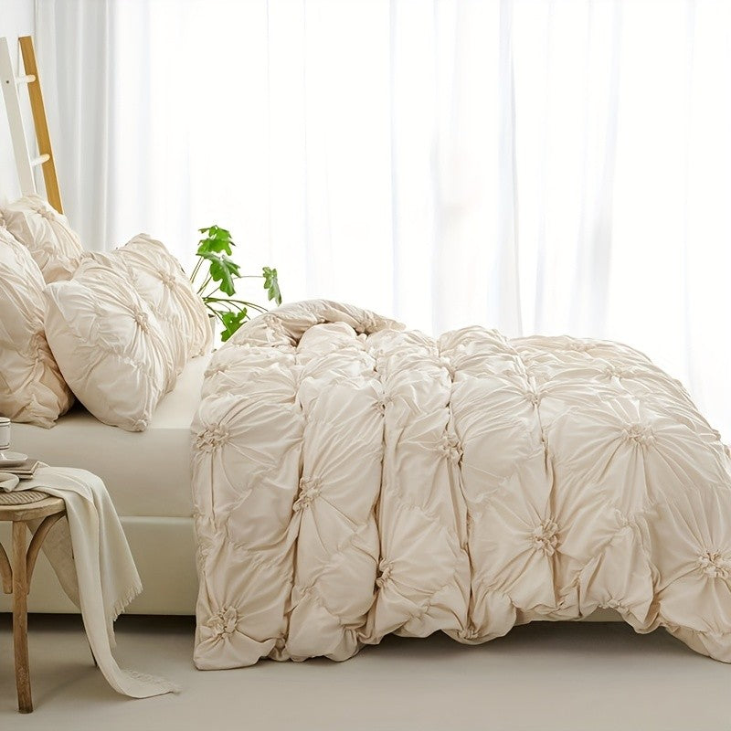 Boho Duvet Cover Set Queen King Twin Full - 3D Stereoscopic Floral Rhomboid Plaid Texture, Soft Breathable 3-Piece Bedding with Pillowcases, All-Season Bedroom Decor, White Camel Milk Coffee