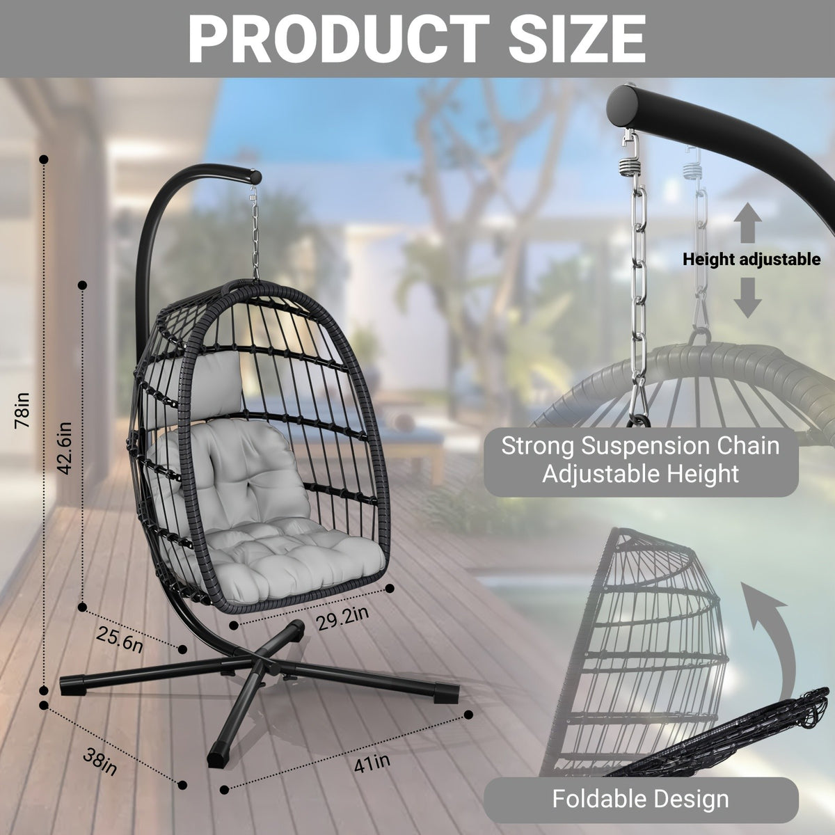 Egg Chair with Stand Rattan Wicker Outdoor Swing Hammock Chair Thickened Aluminum Frame UV-Resistant Cushion 350LBS Single or Two-Seater