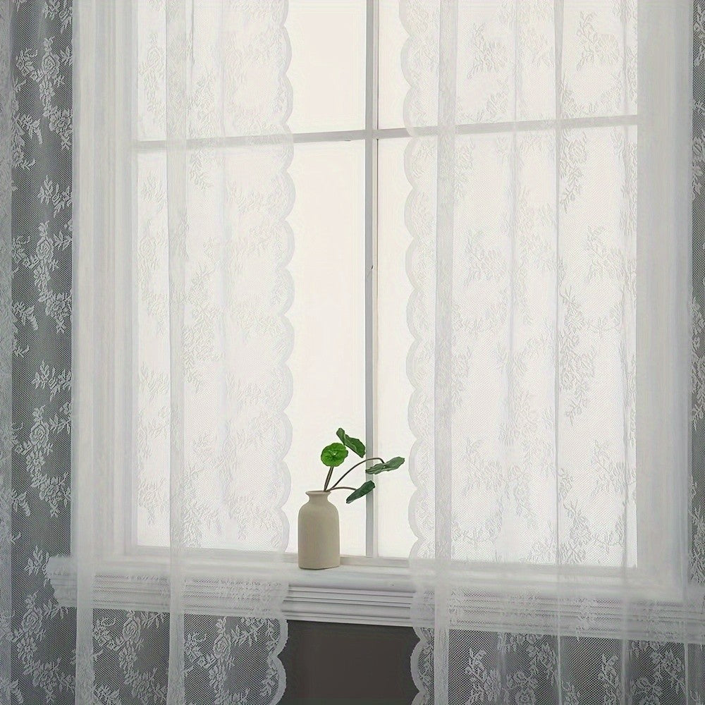 Vintage Floral Lace Sheer Curtains 2 Panels - Yarn-Dyed Dotted Netting Rustic Pastoral Semi-Sheer, 59" Wide Light Filtering Machine Washable for Living Room Kitchen Door Outdoor Wedding, White Green Black