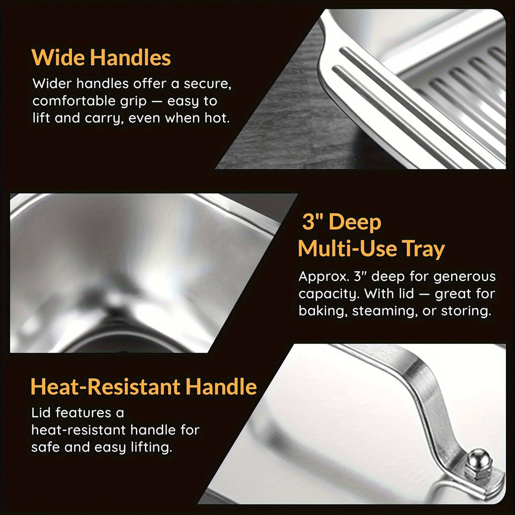 Stainless Steel Baking Tray Set of 4 – 2 Deep Trays & 2 Lids with Handles, 16.1 Inch Non-Stick Roasting Pan, Oven & BBQ Safe, Easy Clean, Multi-Purpose