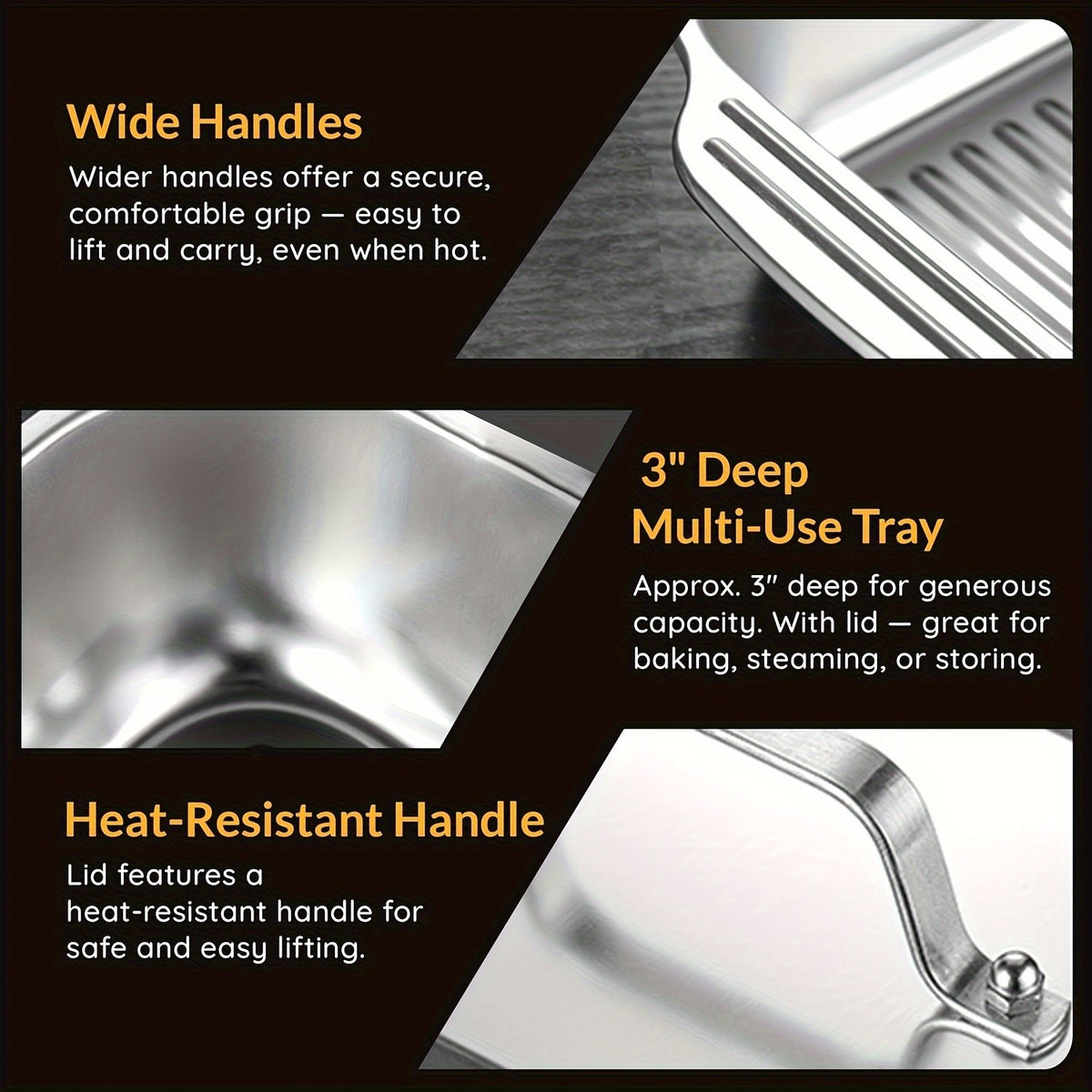 Stainless Steel Baking Tray Set of 4 – 2 Deep Trays & 2 Lids with Handles, 16.1 Inch Non-Stick Roasting Pan, Oven & BBQ Safe, Easy Clean, Multi-Purpose