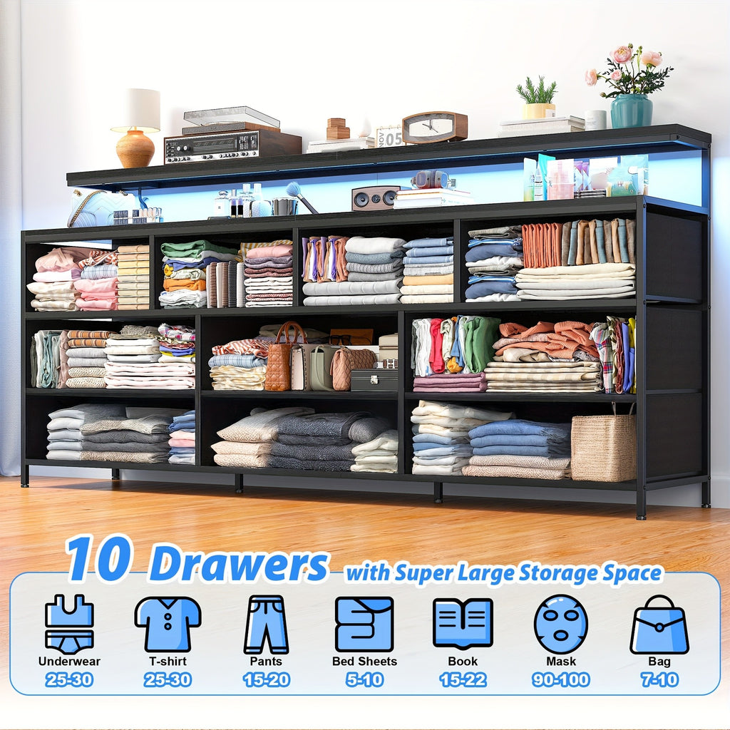 55" Wide Dresser for Bedroom with 10 Drawers, LED Lights & Power Outlets – Long Storage Chest, TV Stand up to 65", Metal Frame + Wood Top, Built-in Charging Station, Tiger Print / Black Wood Grain