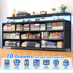 55" Wide Dresser for Bedroom with 10 Drawers, LED Lights & Power Outlets – Long Storage Chest, TV Stand up to 65", Metal Frame + Wood Top, Built-in Charging Station, Tiger Print / Black Wood Grain