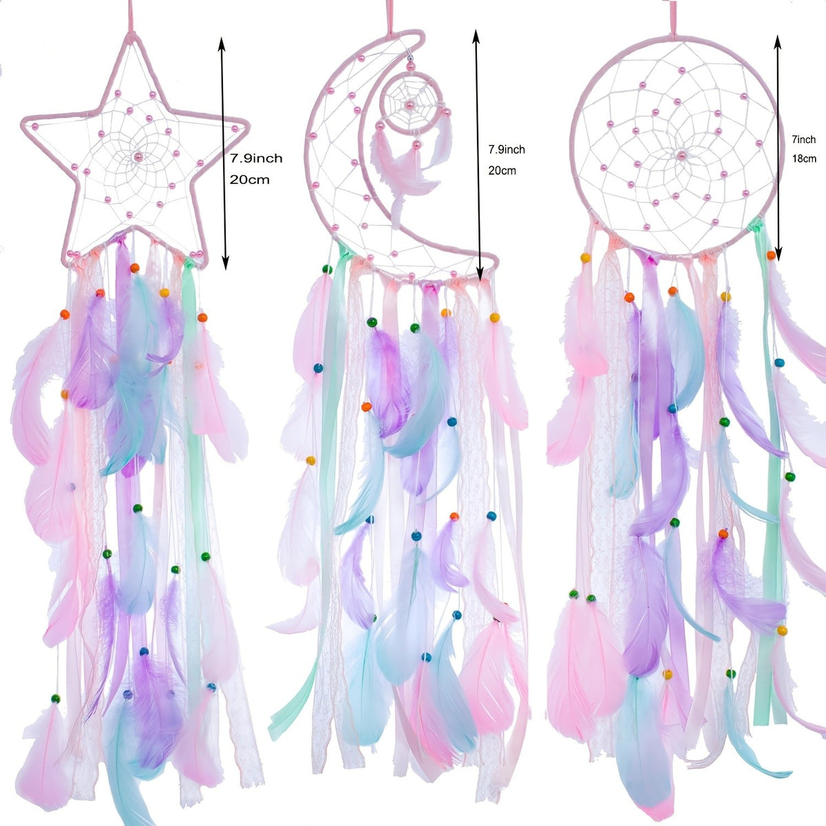Dream Catcher Wall Decor Set of 3 – Star Moon Sun Boho Room Decor for Teen Girls & Kids Bedroom