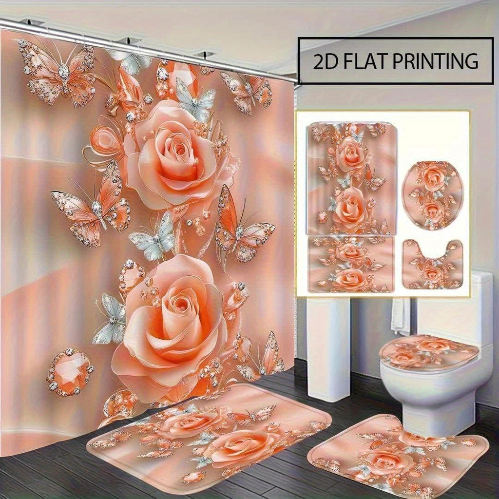 Flower Shower Curtain Set 4pcs – Abstract Floral Bathroom Curtain with 12 Hooks, Bath Mat, U-Shape Mat & Toilet Seat Cover, Modern Bathroom Decor