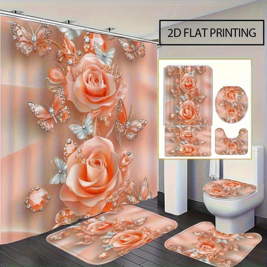 Flower Shower Curtain Set 4pcs – Abstract Floral Bathroom Curtain with 12 Hooks, Bath Mat, U-Shape Mat & Toilet Seat Cover, Modern Bathroom Decor